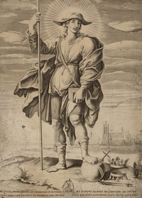 Gravure montrant un homme habillé en berger tenant un bâton. À ses pieds couronnes et objets en or gisent.