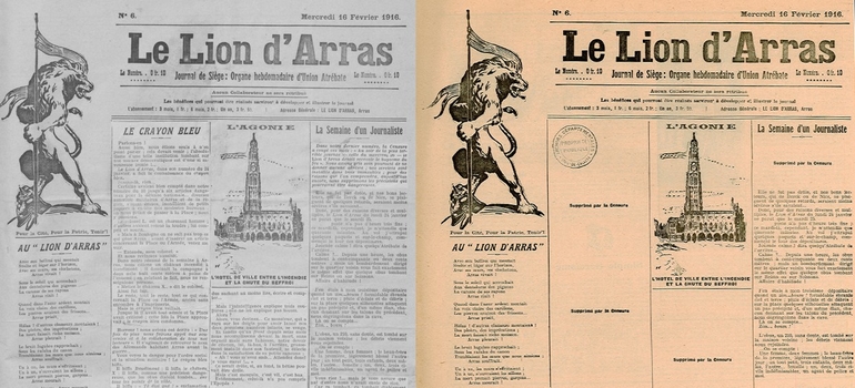 Montage de deux maquettes de journaux : celle de gauche est complète, et des blancs apparaissent dans celle de droite.