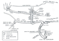 Carte manuscrite représentant le lieu de l'explosion, sur lequel ont été ajoutés le parcours de l'explosion, les éboulements, l'emplacement des mineurs tués, ceux blessés mortellement et ceux juste blessés.