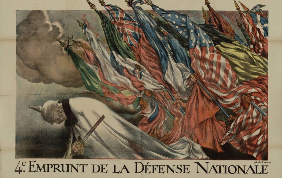Affiche en couleur montrant les drapeaux des pays de l'Alliance poursuivant Guillaume II, agenouillé, tête baissée et épée brisée sous un ciel chargé de nuages noirs.