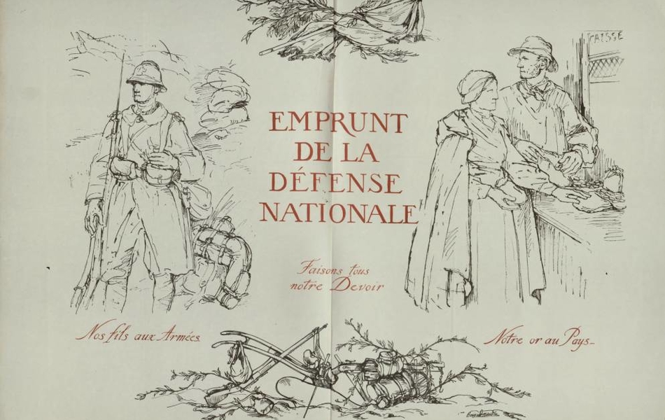 Affiche monochrome se décomposant en deux parties, séparées par le titre au centre. À gauche, au-dessus de la légende "Nos fils aux armées", on voit un soldat et son paquetage sur le champ de bataille. À droite, au-dessus de la légende "Notre or au pays", on voit un couple déposant des pièces d'or à un comptoir au-dessus duquel on lit "Caisse".