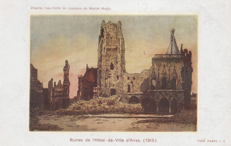 Carte postale couleur montrant les ruines de bâtiments. 