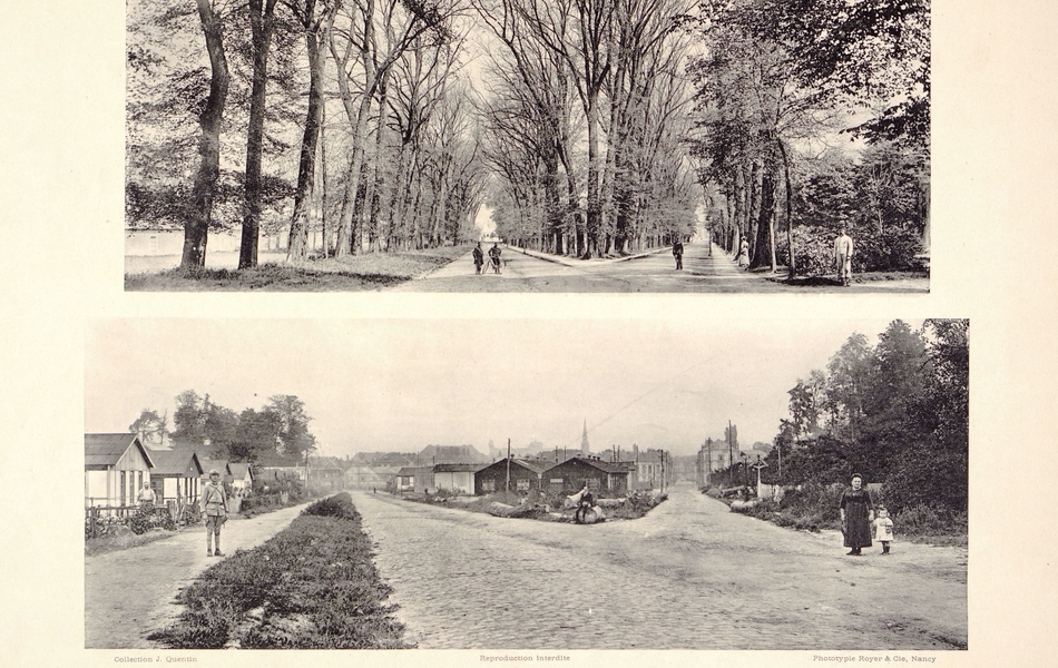 Double image noire et blanc. En haut, un croisement de deux allées bordées d'arbres. En bas, le même croisement, mais les arbres ont disparu pour laisser place à des baraquements. 