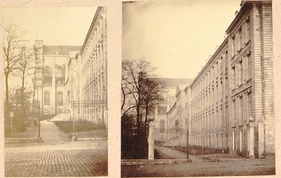 Double photographie noir et blanc montrant la façade latérale d'un bâtiment.