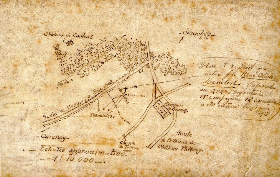Plan manuscrit de Carency indiquant l'emplacement d'une tombe, accompagné de la légende suivante : "Plan et endroit où notre fils René Olivier Maréchal, caporal au 282e d'infanterie, 18e compagnie, 14e escouade, a été enterré le 21 juin 1915".