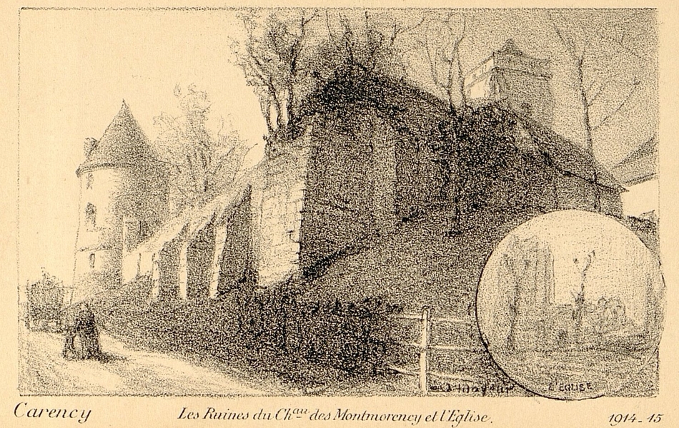 Gravure noir et blanc représentant l'enceinte d'un château et le clocher d'une église. En bas, dans un petit médaillon, les ruines de ces mêmes bâtiments.