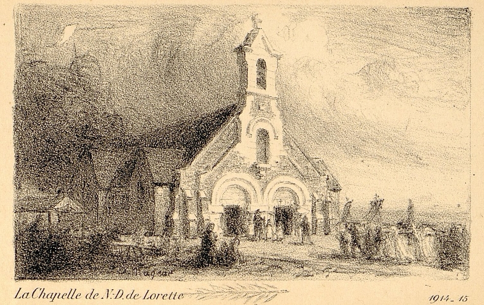 Gravure noir et blanc représentant une chapelle.