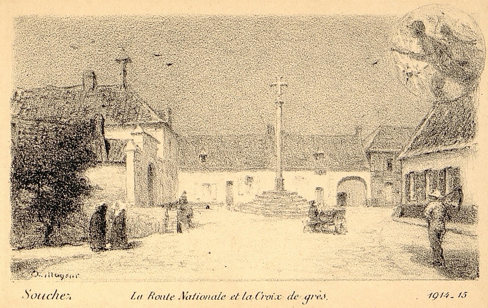 Gravure noir et blanc représentant le croisement de deux routes bordées de maisons où se dresse un calvaire.