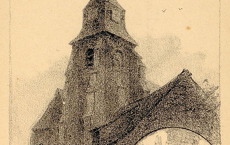 Gravure noir et blanc représentant une église. En bas, dans un petit médaillon, les ruines de cette église.