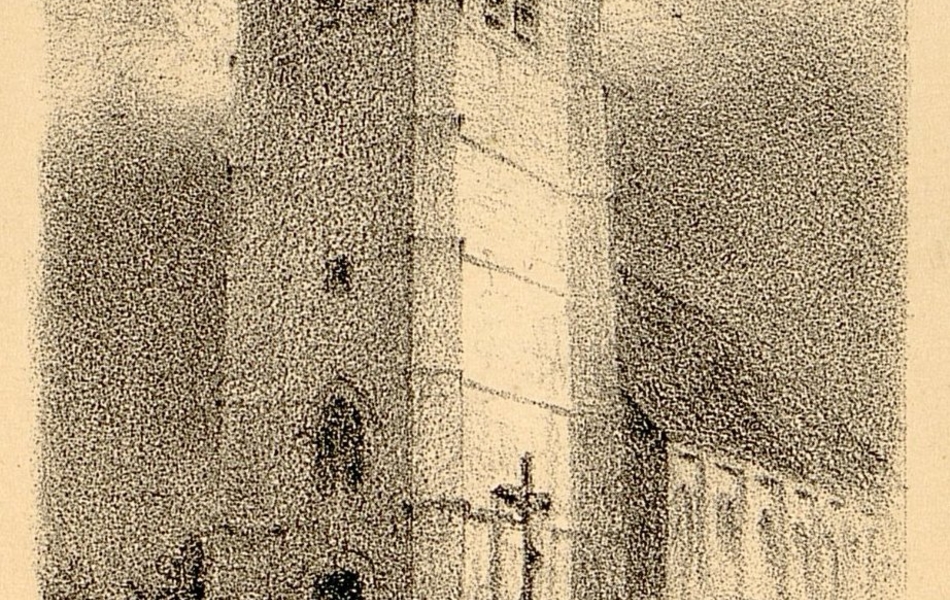 Gravure noir et blanc représentant une église. En bas, dans un petit médaillon, deux monstres ailés s'affrontent.