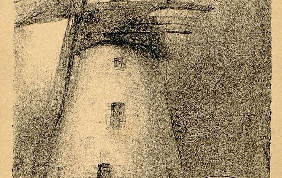 Gravure noir et blanc représentant un moulin. En bas, dans un petit médaillon, les ruines de ce moulin.