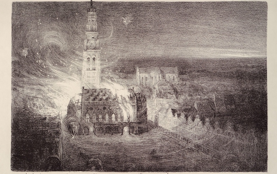 Gravure noir et blanc représentant, de nuit, l'incendie d'un beffroi.