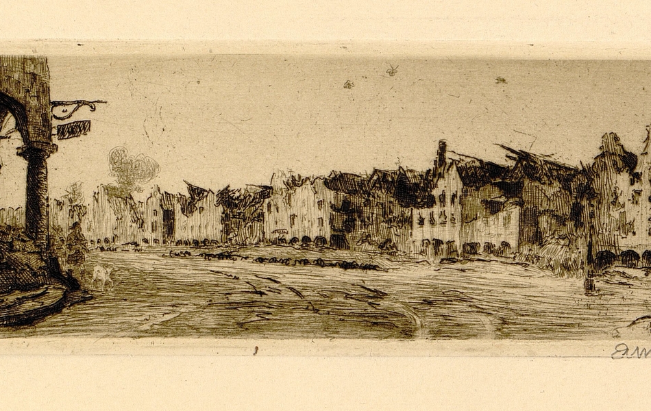 Gravure noir et blanc montrant une place de ville dont les maisons autour sont détruites.