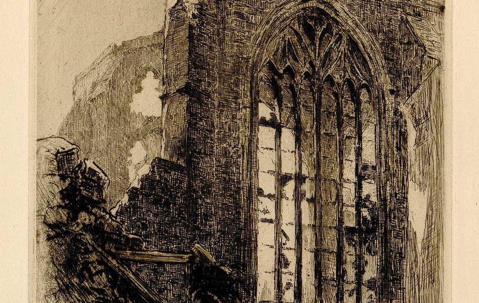 Gravure noir et blanc montrant l'intérieur d'une église éventrée suite à un bombardement.