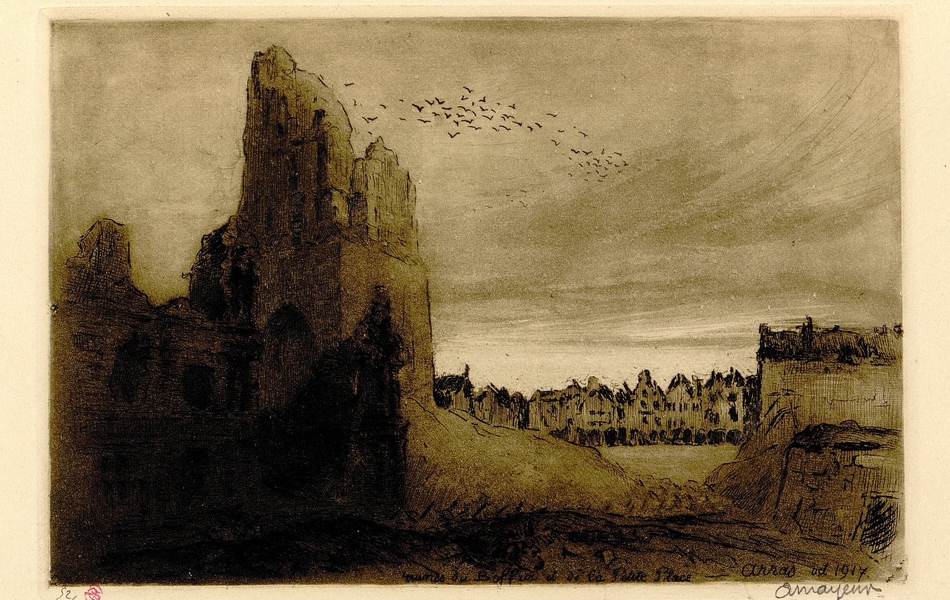 Gravure noir et blanc montrant les ruines de bâtiments suite à un bombardement.