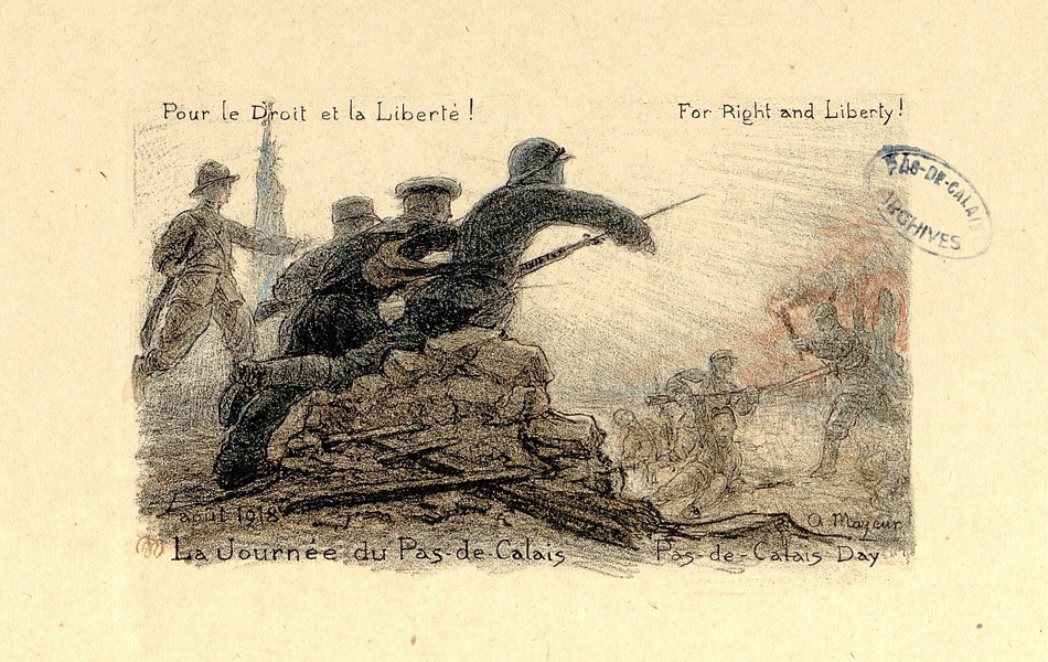 Gravure couleur montrant des soldats s'élançant dans l'assaut.