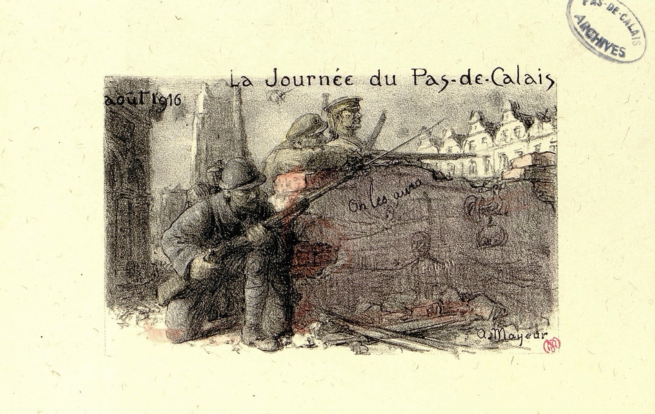 Gravure couleur montrant des soldats en joue derrière un parapet fait des ruines d'un mur. Des graffiti subsistent sur le mur : "On les aura".