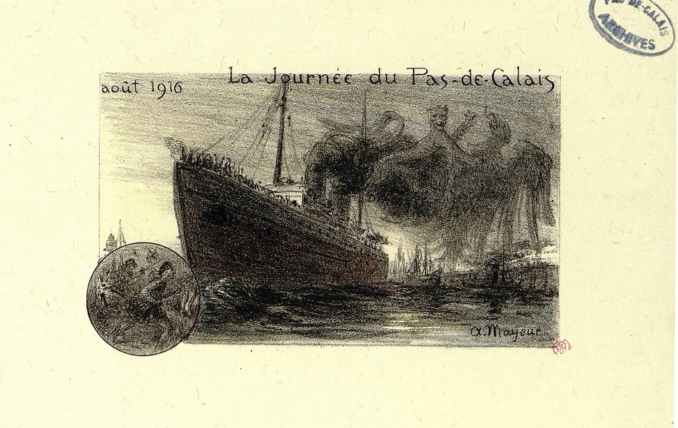 Gravure couleur montrant un navire quittant le port. Dans la fumée s'échappant de ses cheminées figurent des paréidolies représentant un lion tuant un aigle. En bas, dans un médaillon, des soldats s'élançant au combat.