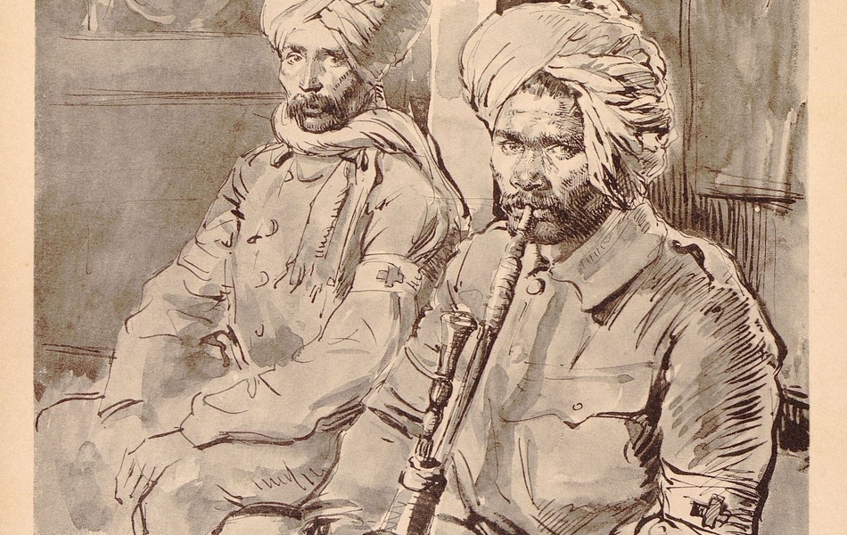 Dessin de deux soldats indiens assis. Celui de droite fume un narguilé.
