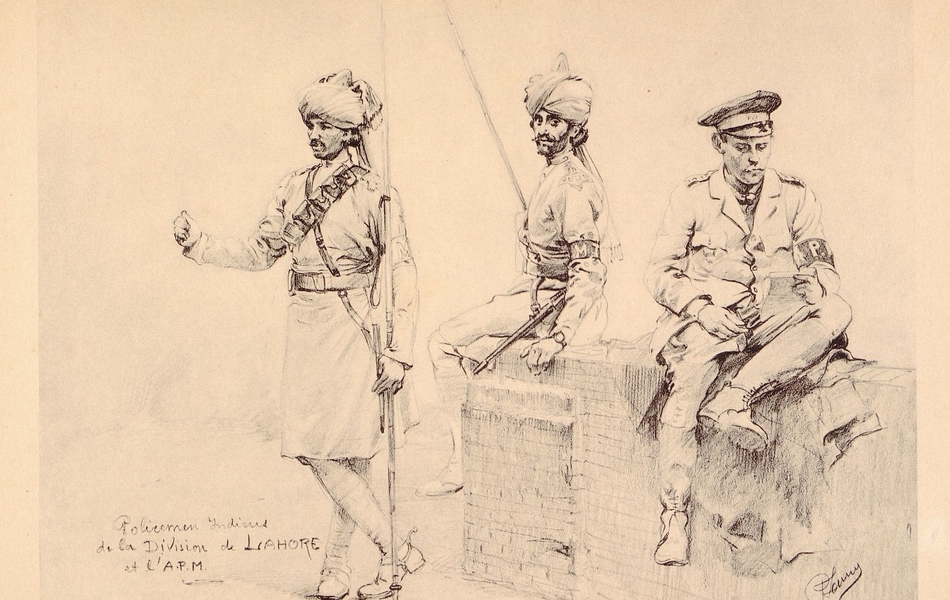 Dessin de trois soldats. À gauche, un soldat indien debout. À droite un soldat indien et un soldat anglais assis sur un muret.