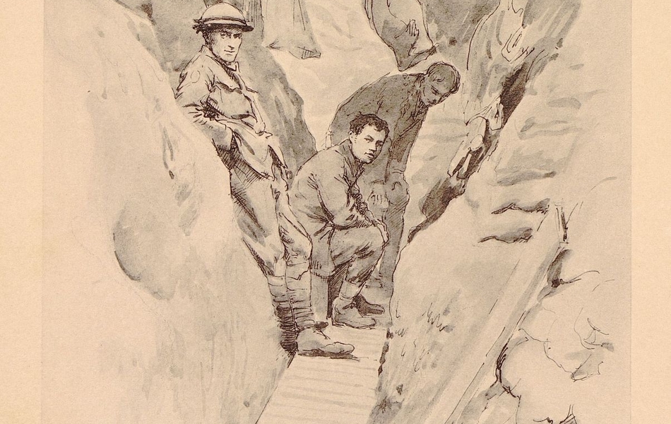 Dessin de trois soldats dans une tranchée.