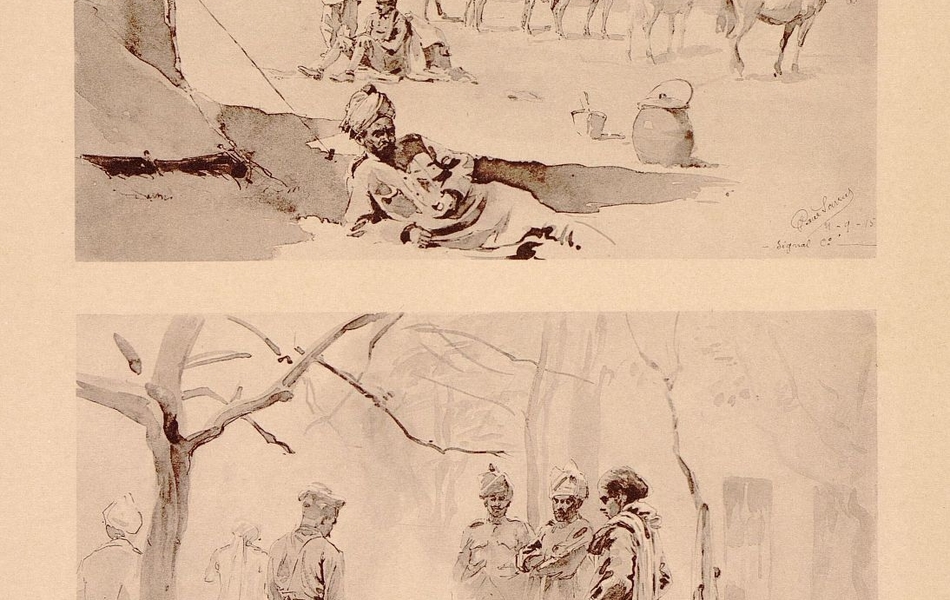 En haut, dessin de trois soldats indiens au repos. En arrière plan, une ferme et des chevaux.