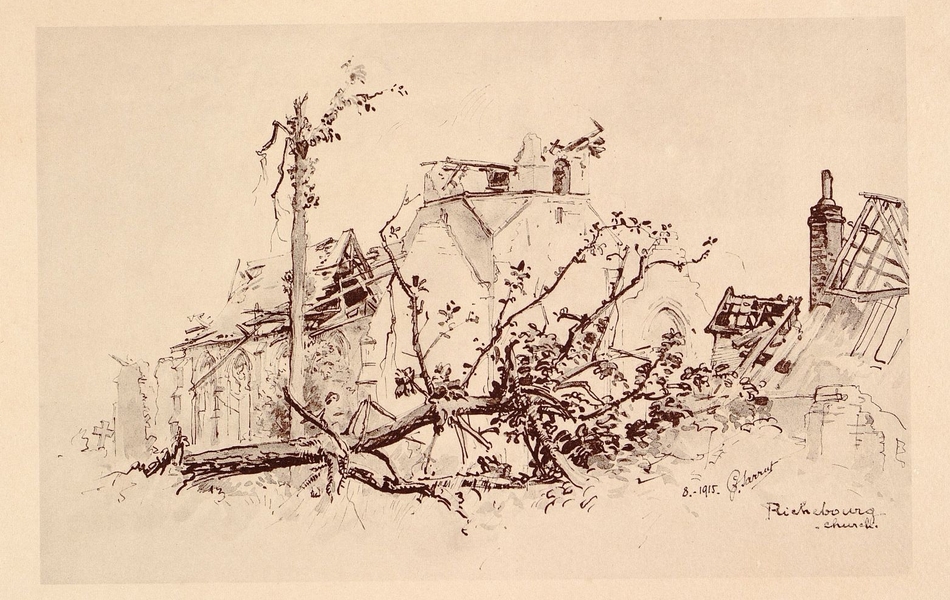 Dessin de l'église de Richebourg détruite avec, au premier plan, deux arbres tombés. 