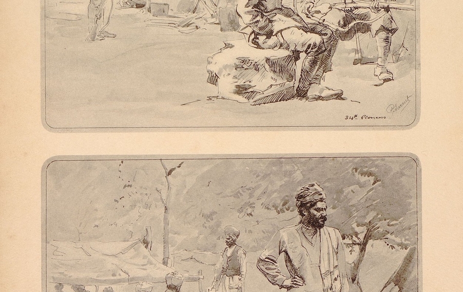 En haut, dessin de trois soldats dans un camp de cantonnement. L’un d’eux, au second plan, nettoie son fusil. En bas, un soldat pose avec ses outils.
