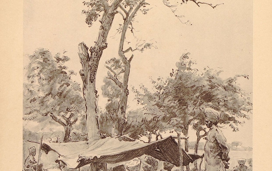Dessin de soldats indiens à l’ombre de leurs tentes, installées sous les arbres. 