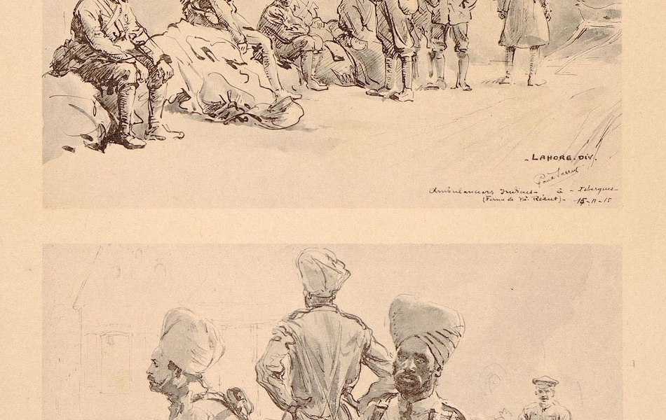 Dessin du haut représente un groupe de brancardiers de la division Lahore. Cette ambulance est installée dans une vaste ferme permettant d’y mettre les blessés à l’abri. En bas, des soldats sikhs sont au repos, en uniformes et en armes. À l’arrière-plan, un officier occidental est assis.