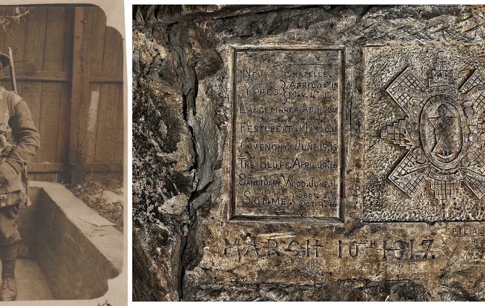 À gauche, portrait sépia d'un homme en tenue de soldat. À droite, graffiti gravé dans de la pierre.
