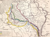 Carte imprimée en couleur montrant l'évolution du front de 1914 à 1918 du nord à l'est de la France.