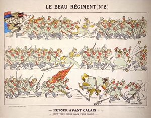 Lithographie couleur montrant trois rangs de l'armée allemande s'enfuyant devant l'allégorie des forces alliées (trois bustes portant les uniformes français, anglais et russes).