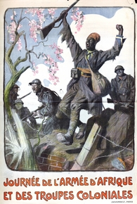 Affiche couleur montrant des soldats africains aux côtés de soldats blancs en plein assaut sous un cerisier en fleurs.