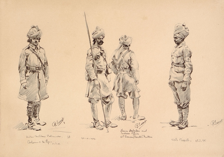 Portraits en pieds de quatre soldats portant des turbans, debout, tournés de diverses façons. Celui du milieu porte une lance.