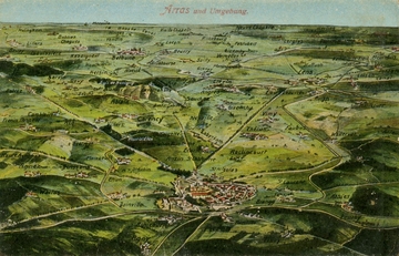Carte postale couleur montrant Arras et les villes l'entourant sous forme d'un croquis représentant une vue aérienne.
