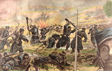Carte postale couleur montrant une scène de combat.