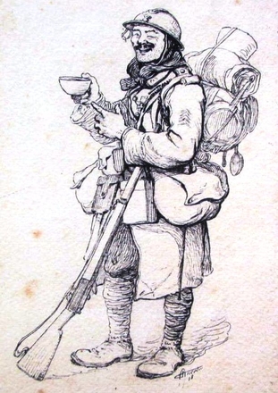 Dessin d'un soldat en pied, portant son paquetage, un fusil et s'apprêtant à boire un bolet tout en faisant un clin d'oeil.