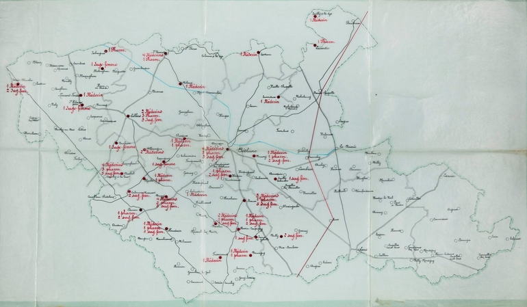 Carte de l'arrondissement de Béthune, précisant le nombre de médecins, pharmaciens et sages-femmes par ville.