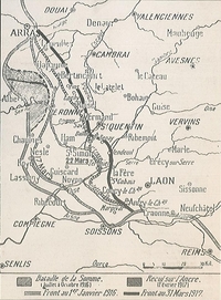 Carte manuscrite représentant une partie du Pas-de-Calais et de la Somme. Sont symbolisées les lignes de front au 1er janvier 1916 et au 31 mars 1917, ainsi que la zone relative à la bataille de la Somme (juillet à octobre 1916).
