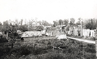 Photographie noir et blanc montrant une rue d'habitations détruites.