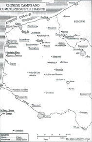 Carte du Pas-de-Calais sur laquelle sont représentés les camps et cimetières chinois.