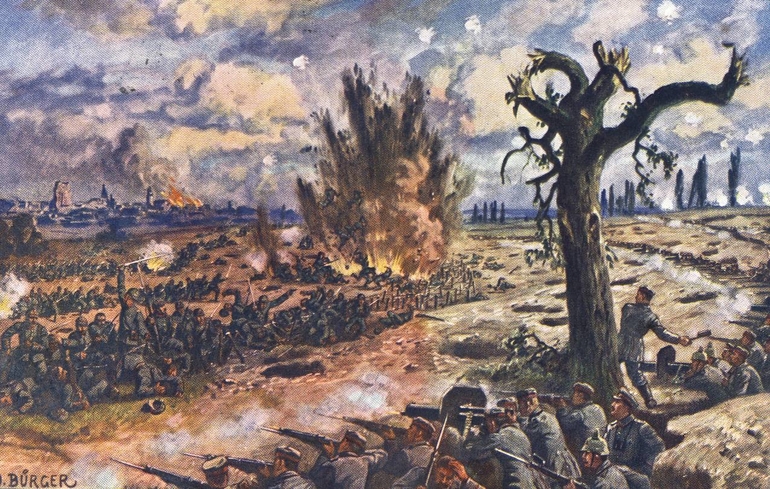 Carte postale couleur montant une scène de bataille avec tirs de grenades et de mitraillettes.