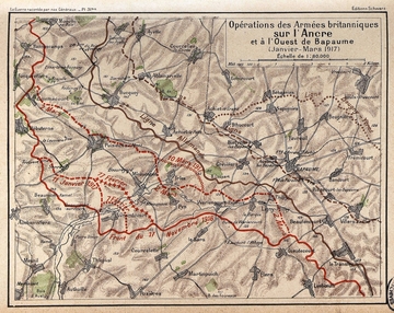 Carte couleur annotée de lignes de front datées.