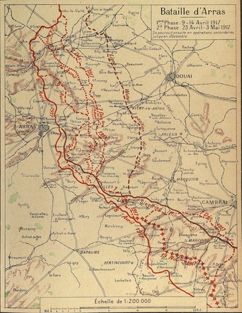 Carte des fronts des 9-14 avril 1917 et 23 avril-3 mai 1917 dans la région d'Arras.