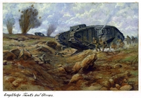 Aquarelle couleur montrant des soldats s'élançant sur un terrain accidenté, devant un tank. À l'arrière plan, des explosions.
