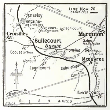 Carte représentant la région de Cambrai à Bullecourt.