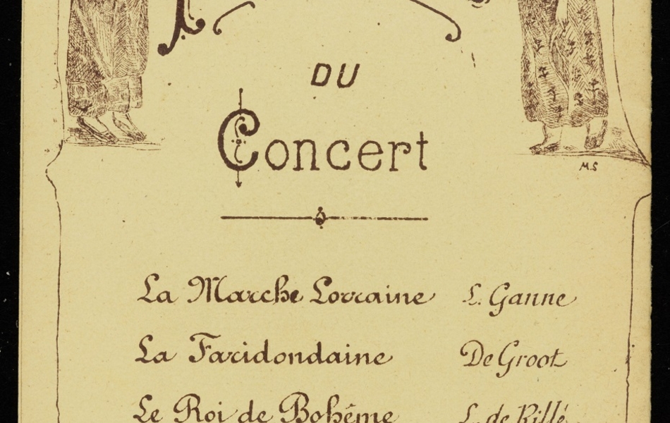 Illustration de Marguerite Strohl : fillette et une jeune femme présentant le programme du concert.  La Marche lorraine. L. Ganne La Faridondaine. De Groot Le Roi de Bohême. L. de Rillé Le Bijou perdu. Adam La Marseillaise. Rouget de l’Isle  P. Girard. Chef de musique au 3e régiment du Génie.