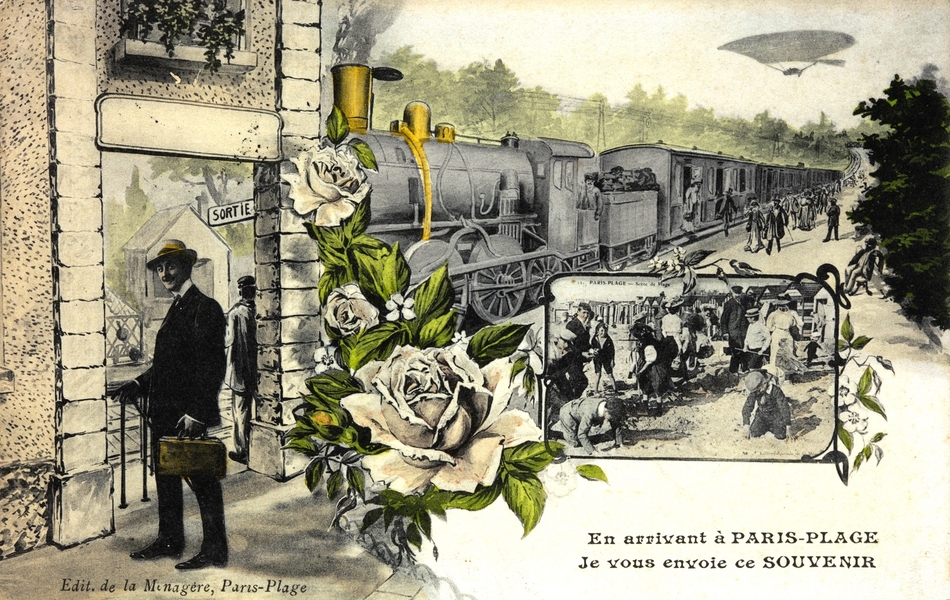 Carte postale couleur montrant un homme tenant une valise sortant d'une gare. Derrière lui se trouve une locomotive à quai.
