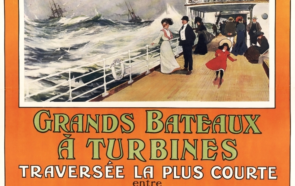 Affiche couleur sur laquelle on voit des passagers sur le pont d'un bateau. 